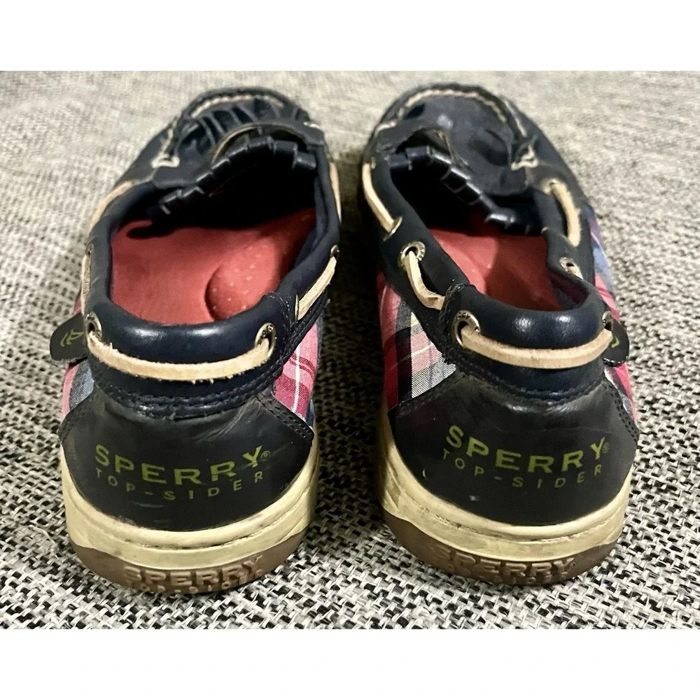 Sperry Top-Sider Women's Boat Shoes Navy Plaid Leather Canvas Size 8M Good Cond